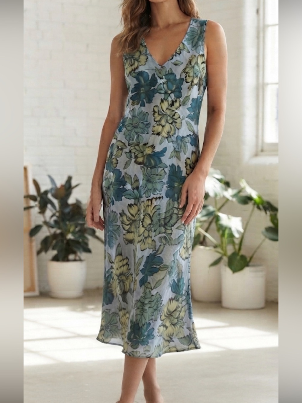 Cut Loose Midi Dress Sleeveless Floral Print Blue Green Womens M Lagenlook